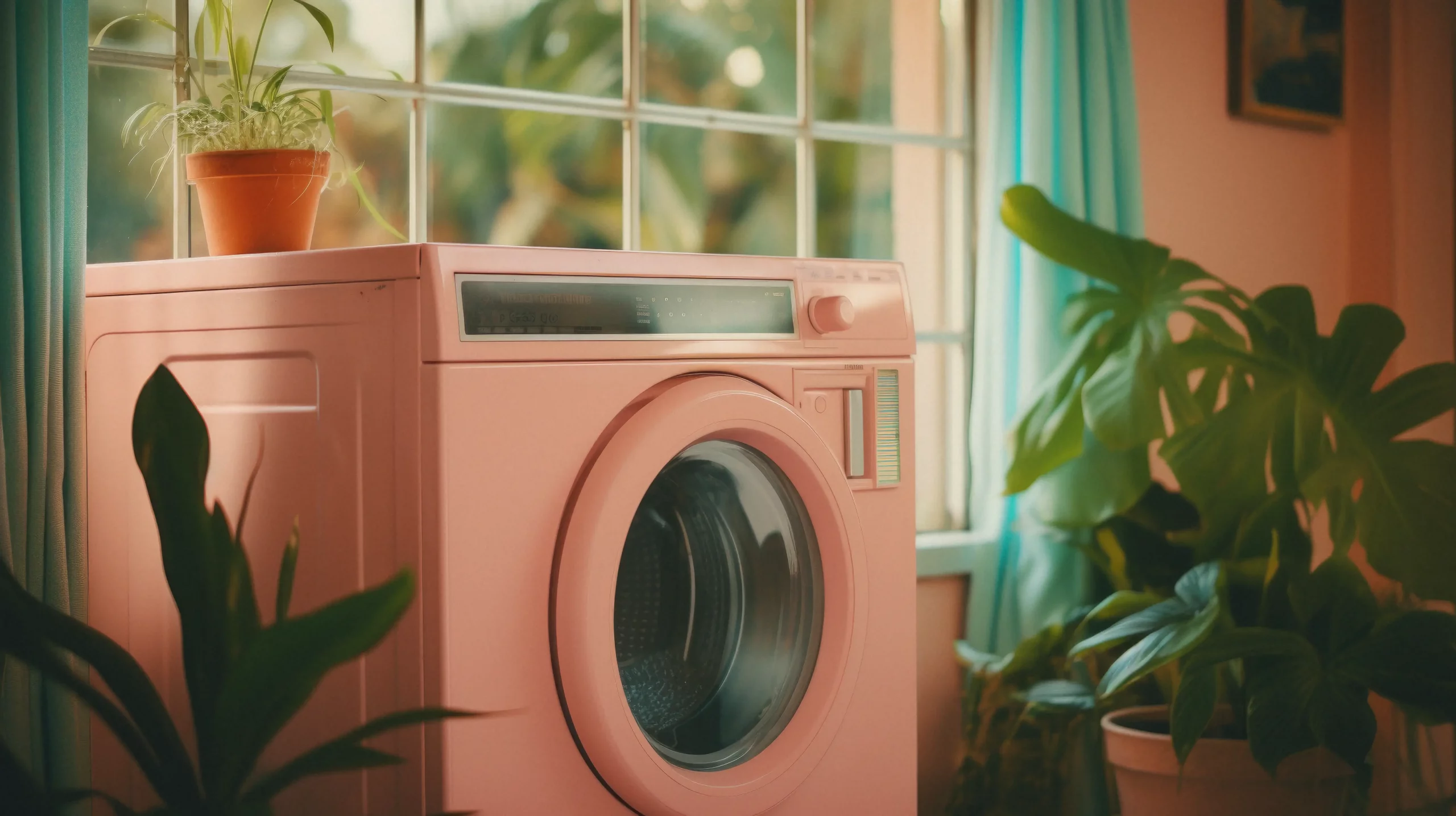 Machine à laver rétro rose montrant comment laver une alèse imperméable